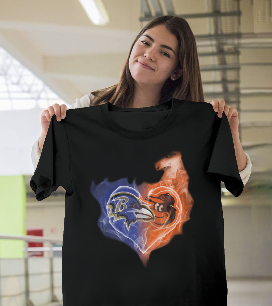 Baltimore Ravens Orioles Heart Flame T-Shirt