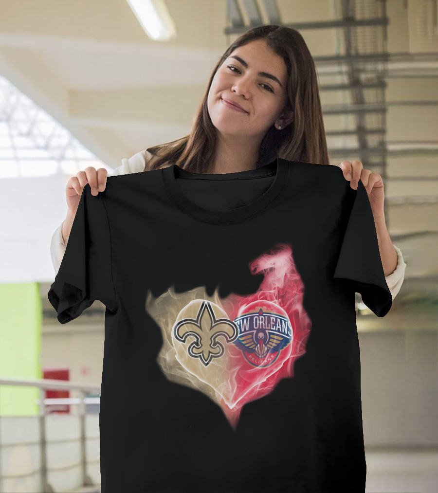 New Orleans Saints Pelicans Heart Logo Fusion T-Shirt