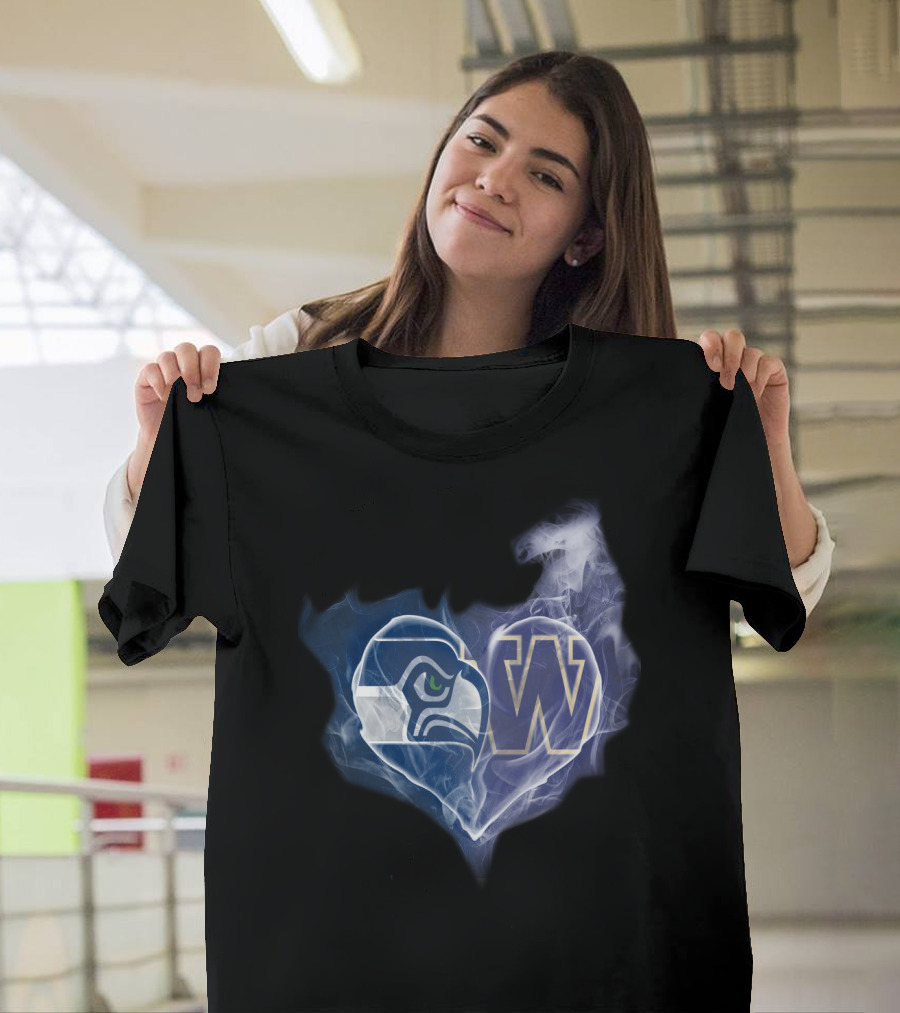 Seattle Seahawks Washington Huskies Heart Logo Smoke T-Shirt