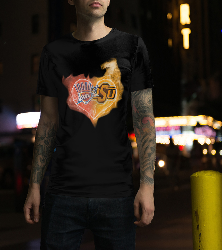Thunder OKC And OSU Cowboys Flame Heart T-Shirt