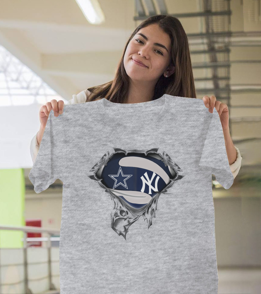 Cowboys Yankees Star And Ny Logo Fusion On Torn Fabric T-Shirt
