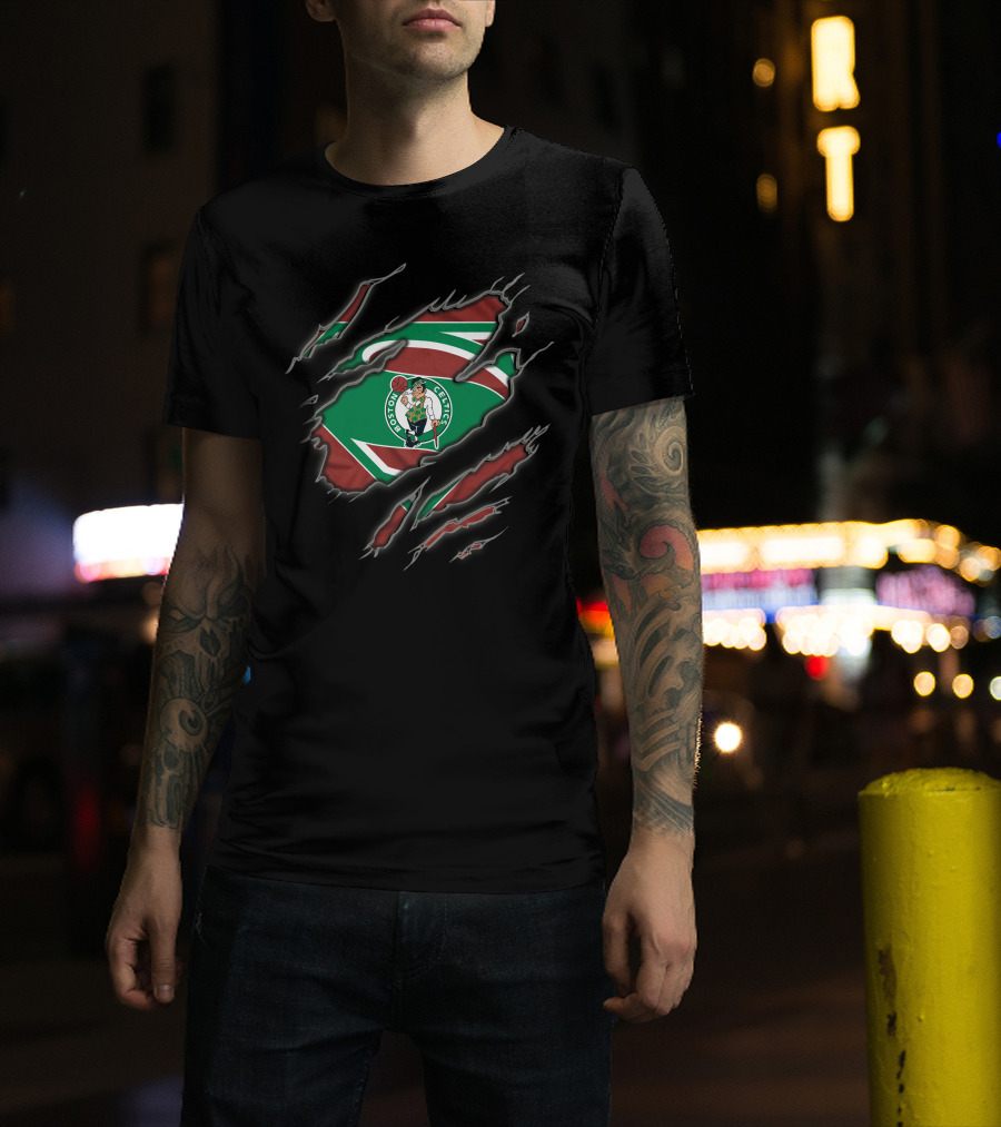 Boston Celtics Superman Logo Green And Red Rip T-Shirt