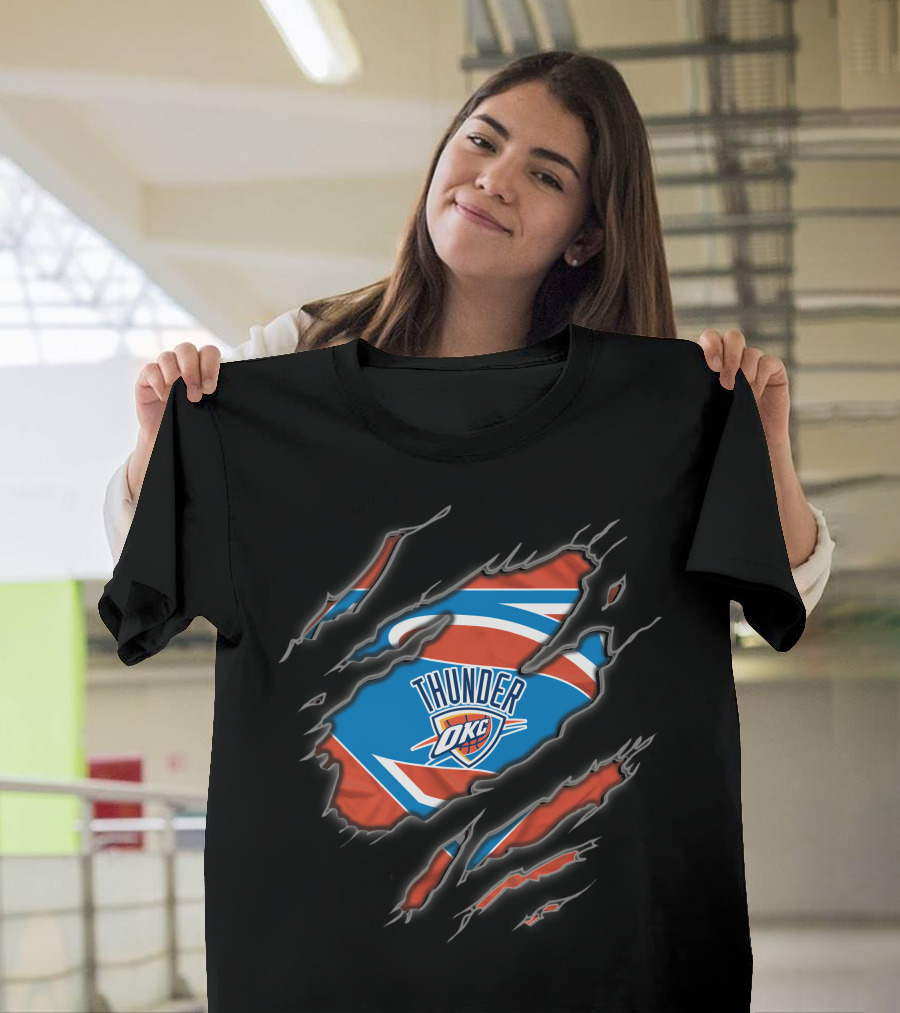 Oklahoma City Thunder Okc Emblem With Superman Style Ripped T-Shirt