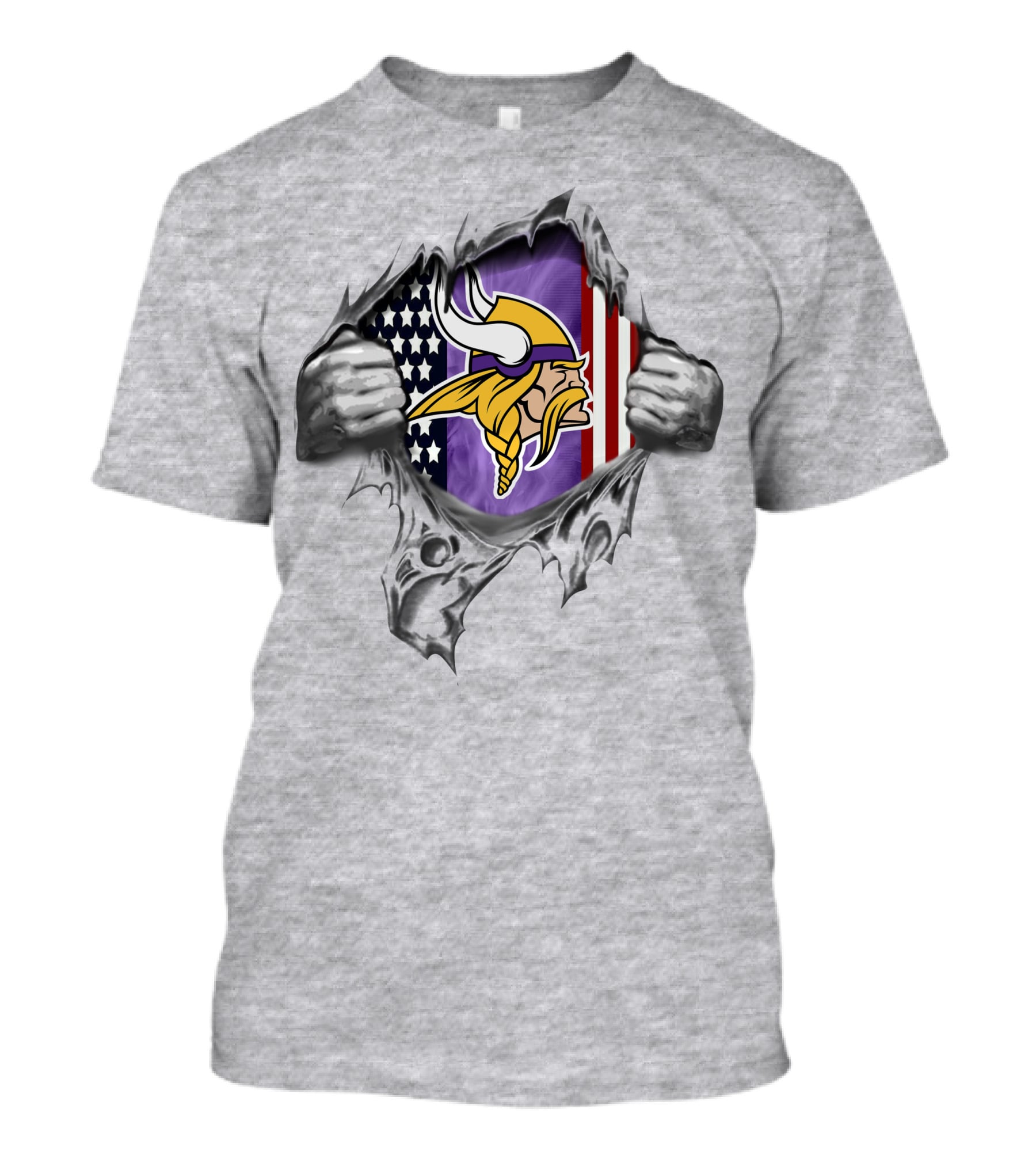 Ripped American Flag With Minnesota Vikings Logo And Viking Head T-Shirt