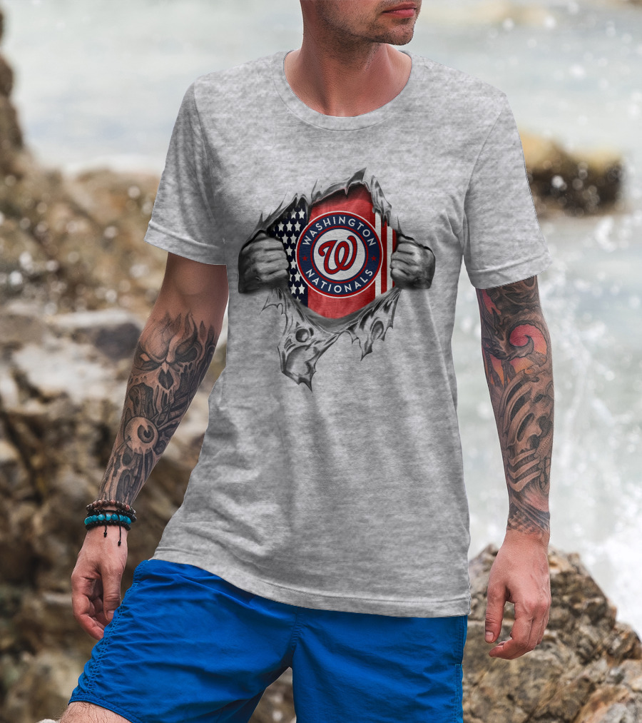 Washington Nationals American Flag Logo Hidden Behind Ripped Surface T-Shirt