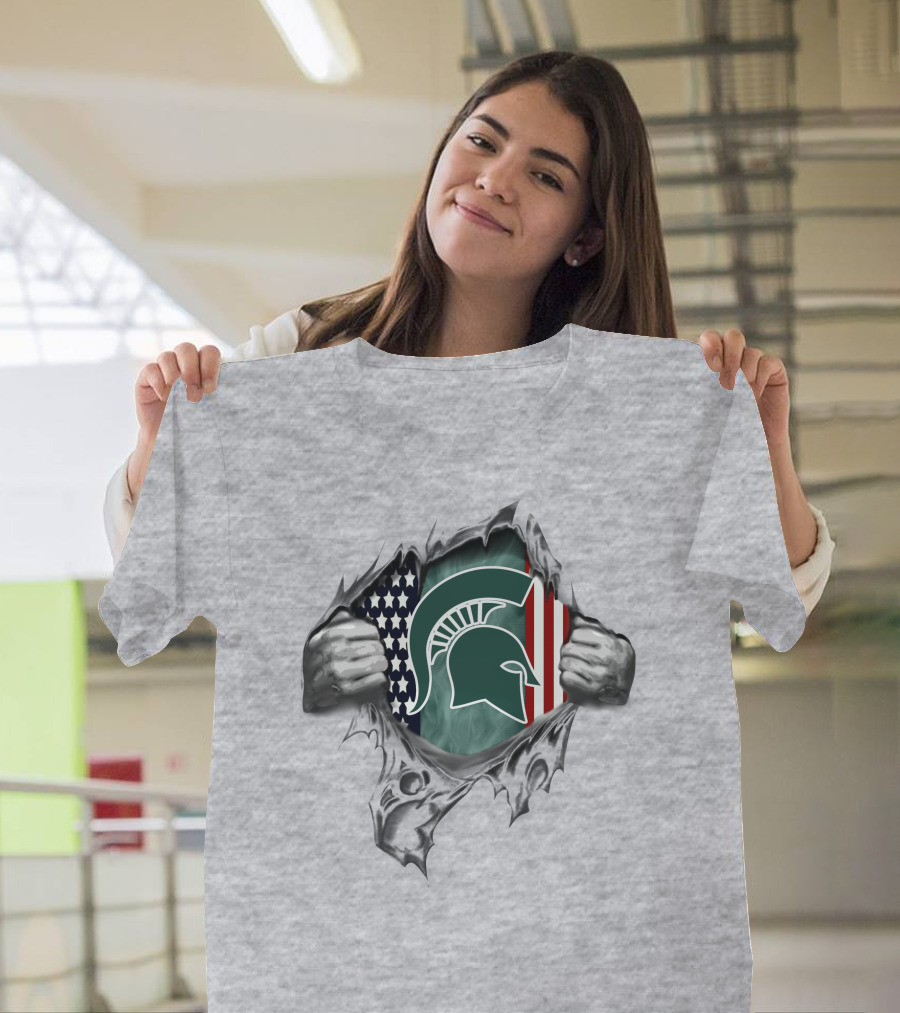 American Flag And Michigan State Spartans Logo Inside Rip T-Shirt