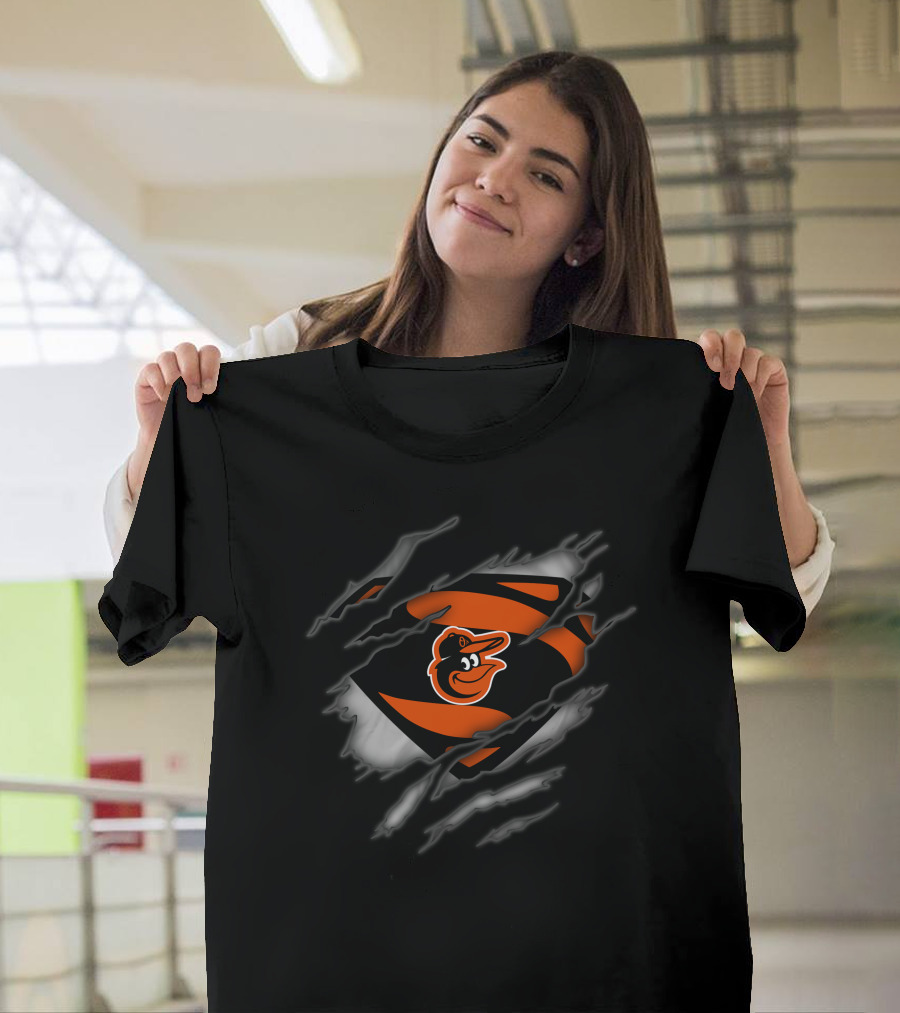 Baltimore Orioles Logo In Superman Style Rip T-Shirt
