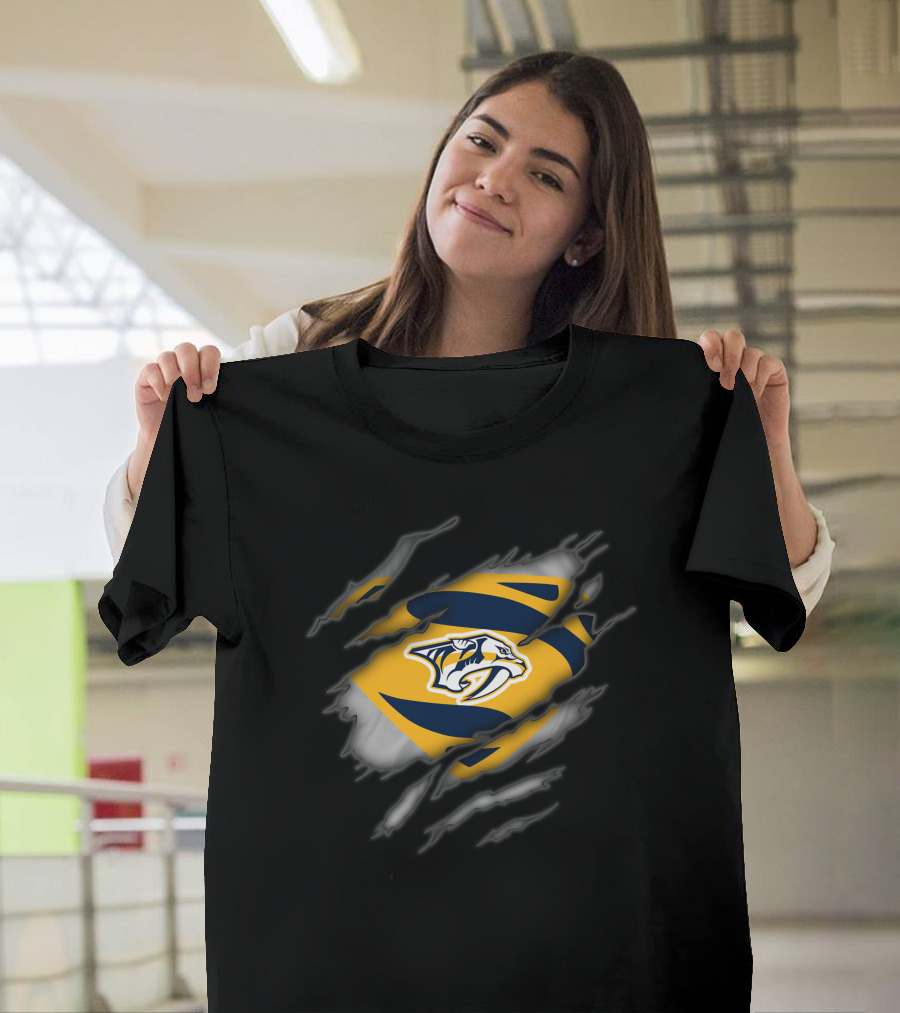 Nashville Predators Rip Through Logo Superhero Style T-Shirt