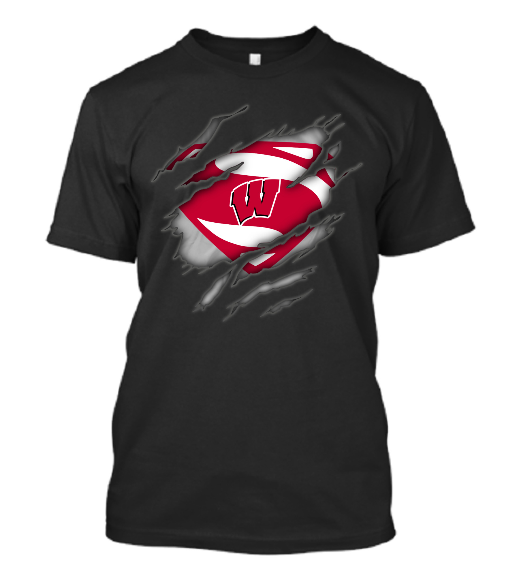 Wisconsin Badgers Logo With Superman Style Shield Print T-Shirt