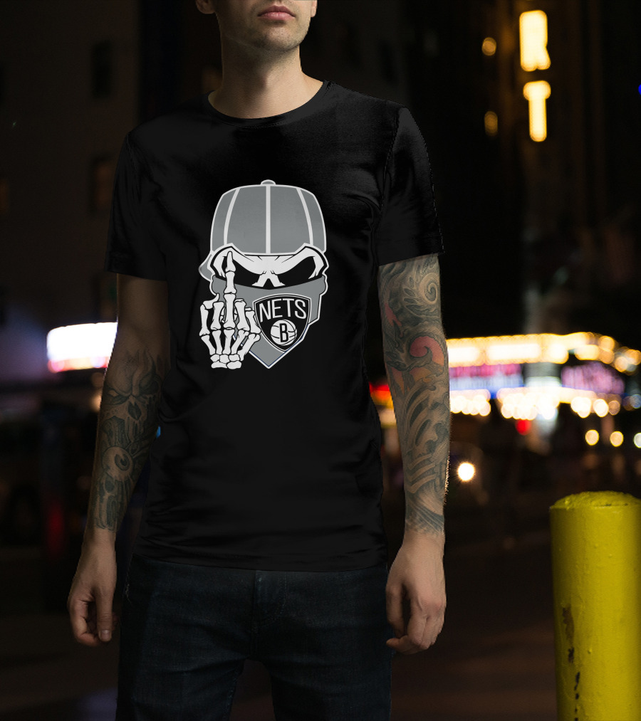 Brooklyn Nets Skull Skeleton Hand Gesture T-Shirt