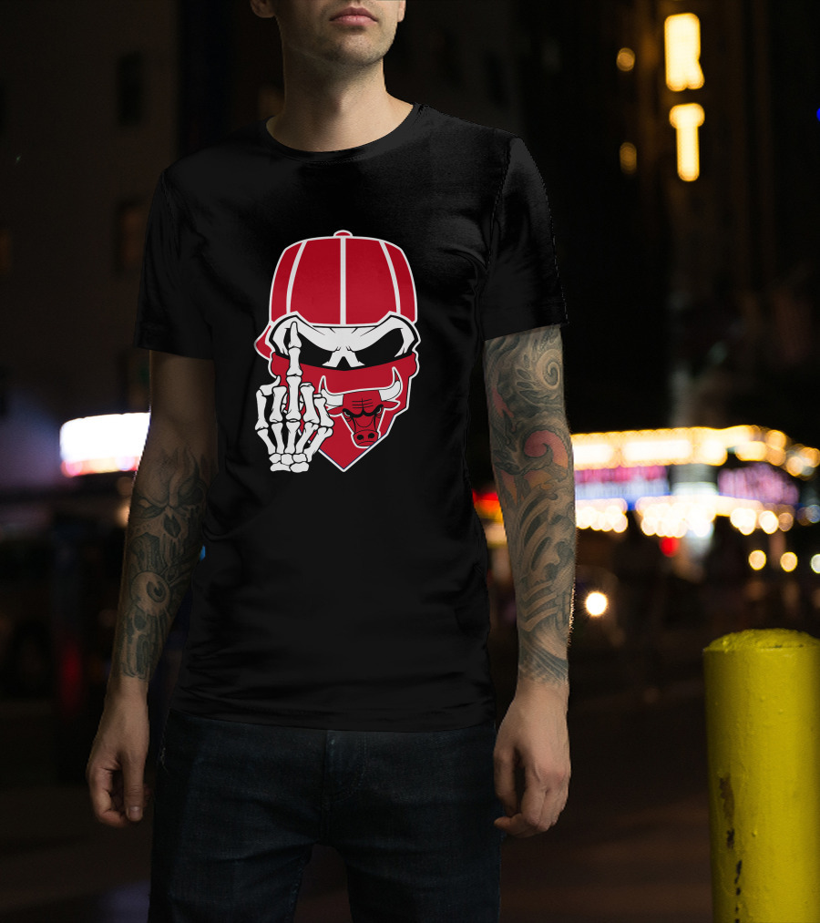 Chicago Bulls Skull Bandana Skeleton Hand Gesture T-Shirt