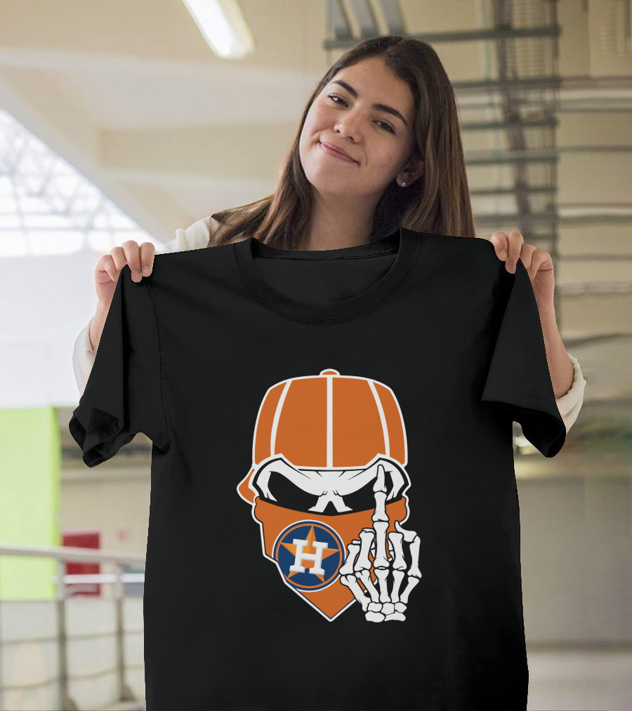 Houston Astros Skull With Cap And Skeleton Hand T-Shirt