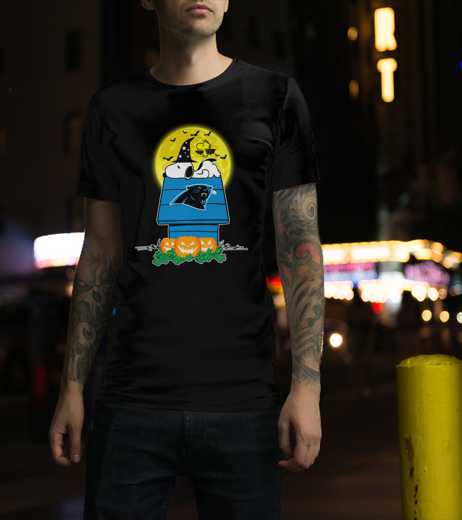 Carolina Panthers Snoopy Woodstock Halloween Pumpkins Moon House T-Shirt
