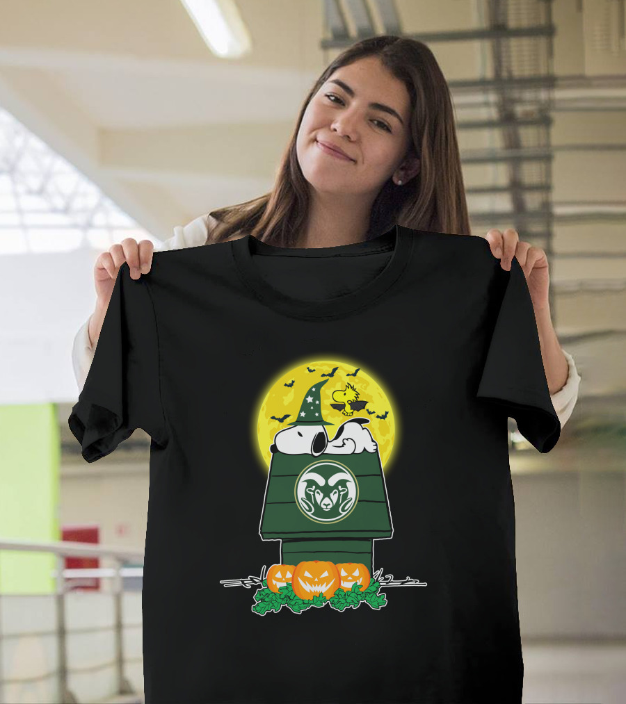 Colorado State Rams Snoopy Halloween Moon With Pumpkins And Woodstock On Doghouse T-Shirt