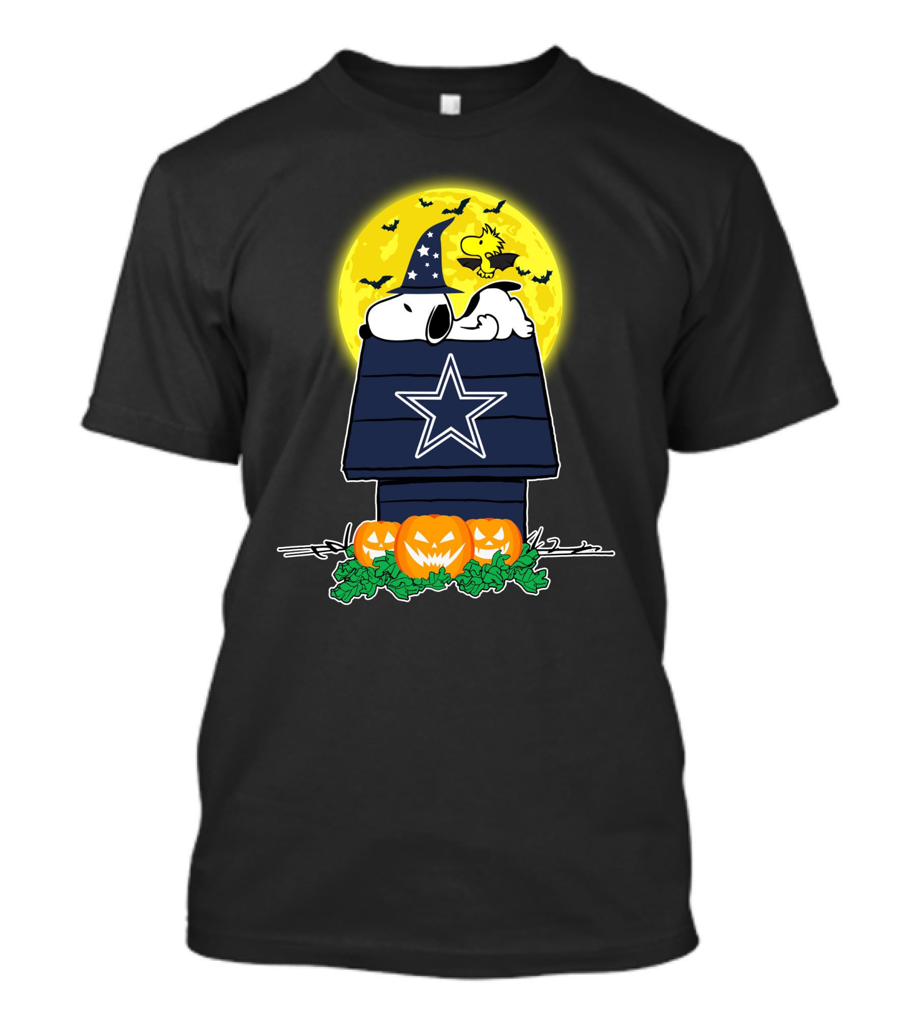Dallas Cowboys Snoopy Halloween Peanuts Woodstock Pumpkin Moon Scene T-Shirt