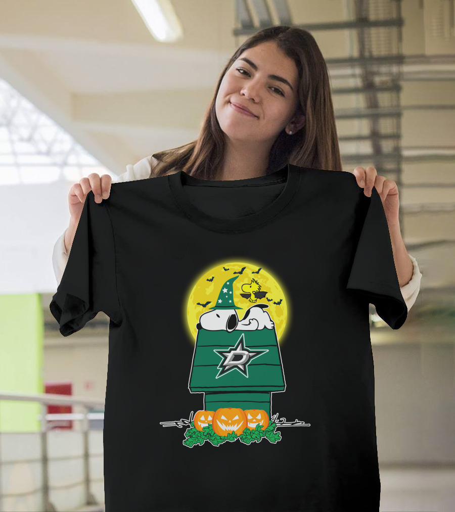 Dallas Stars Snoopy Halloween Moon Pumpkins Woodstock T-Shirt
