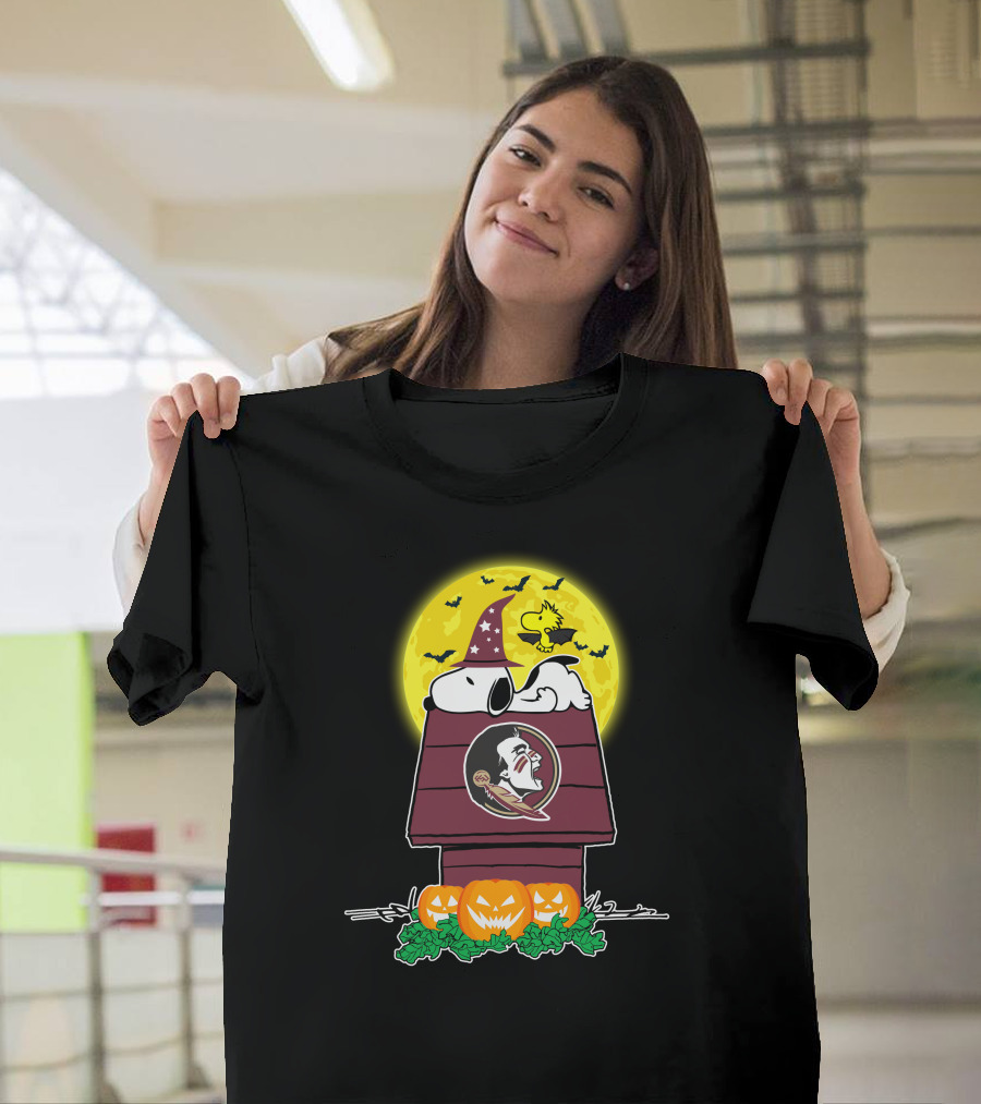 Florida State Seminoles Snoopy Halloween Peanuts Doghouse Pumpkins Moon Woodstock Bats T-Shirt