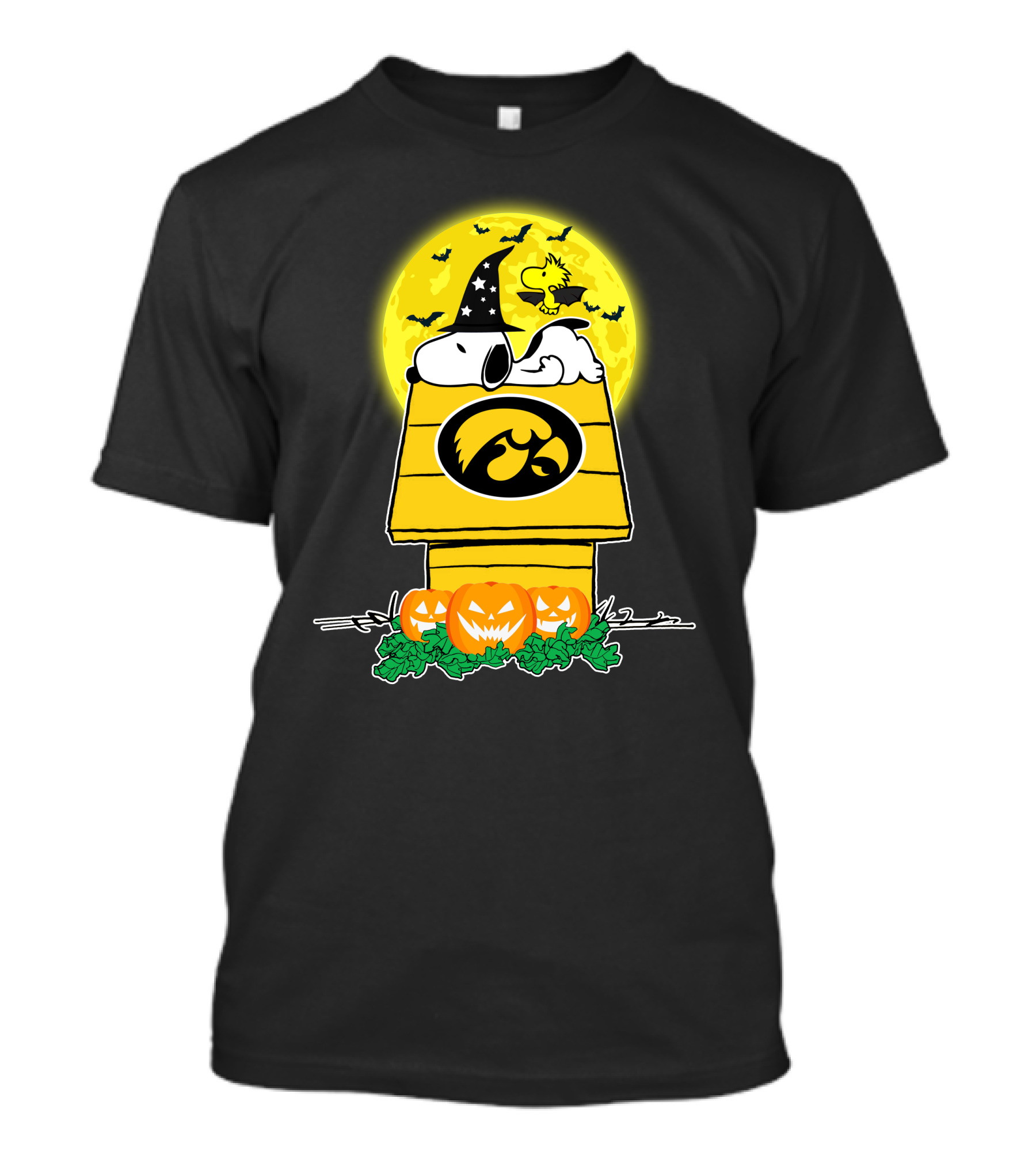 Iowa Hawkeyes Snoopy Halloween With Pumpkins And Yellow Moon T-Shirt