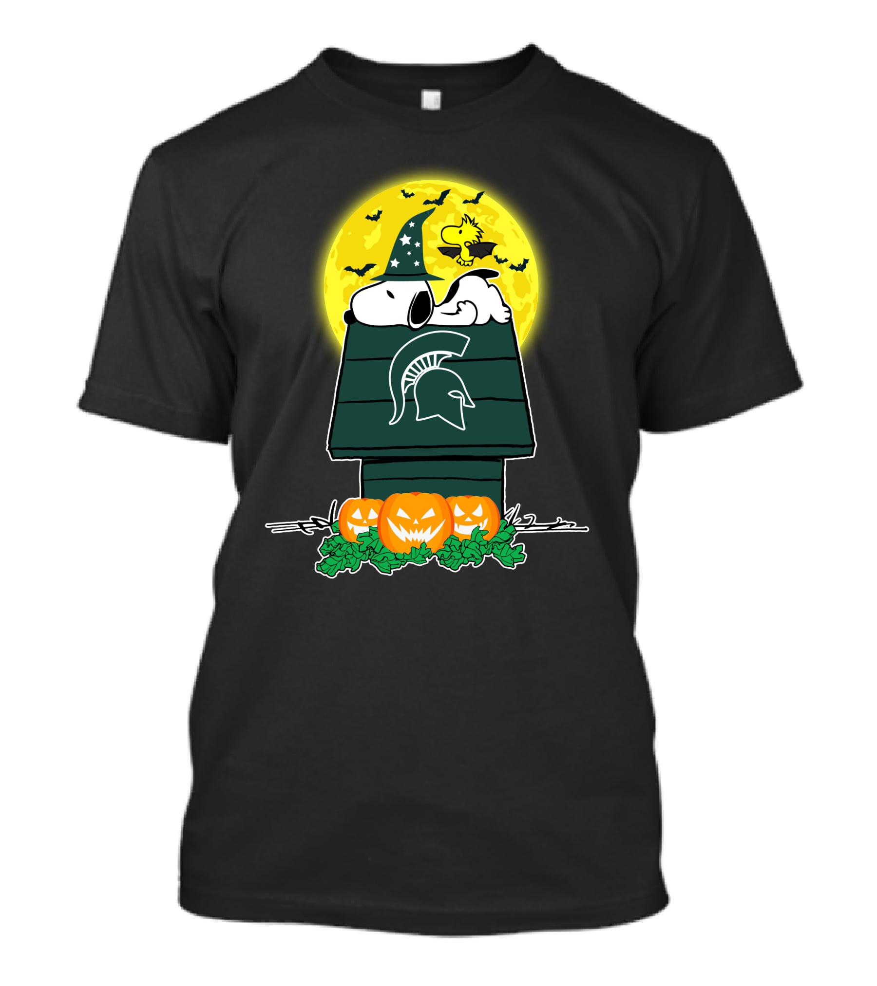 Michigan State Spartans Snoopy Woodstock Halloween Pumpkins Moon T-Shirt