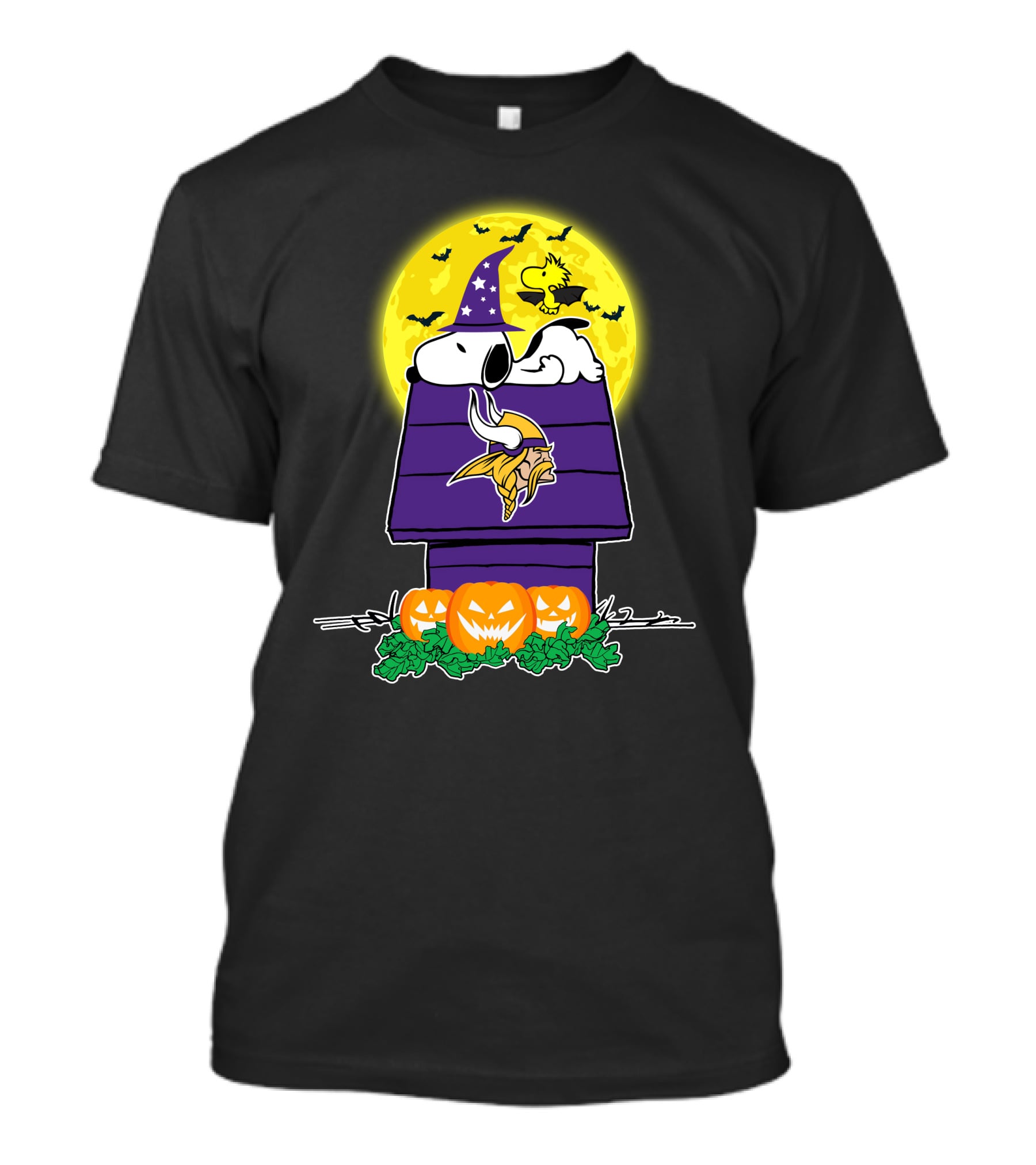 Minnesota Vikings Snoopy Halloween Peanuts Woodstock Pumpkins Full Moon T-Shirt