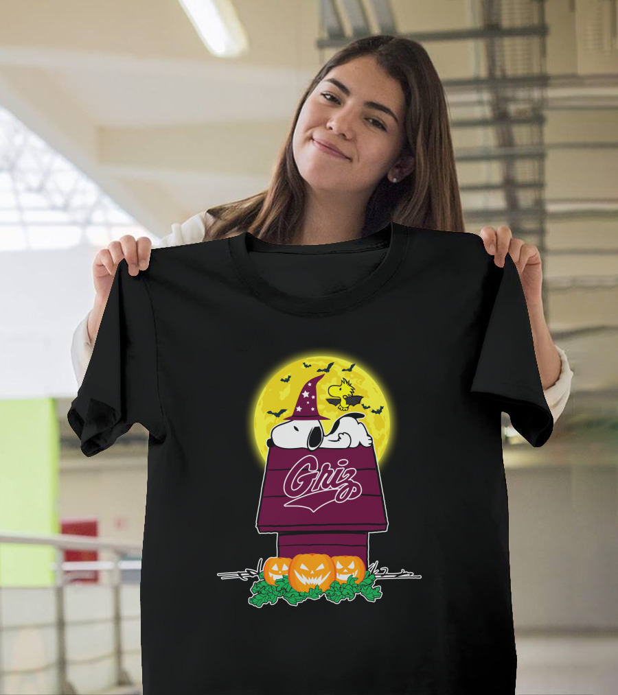 Montana Grizzlies Snoopy Woodstock Halloween Pumpkins Moon T-Shirt