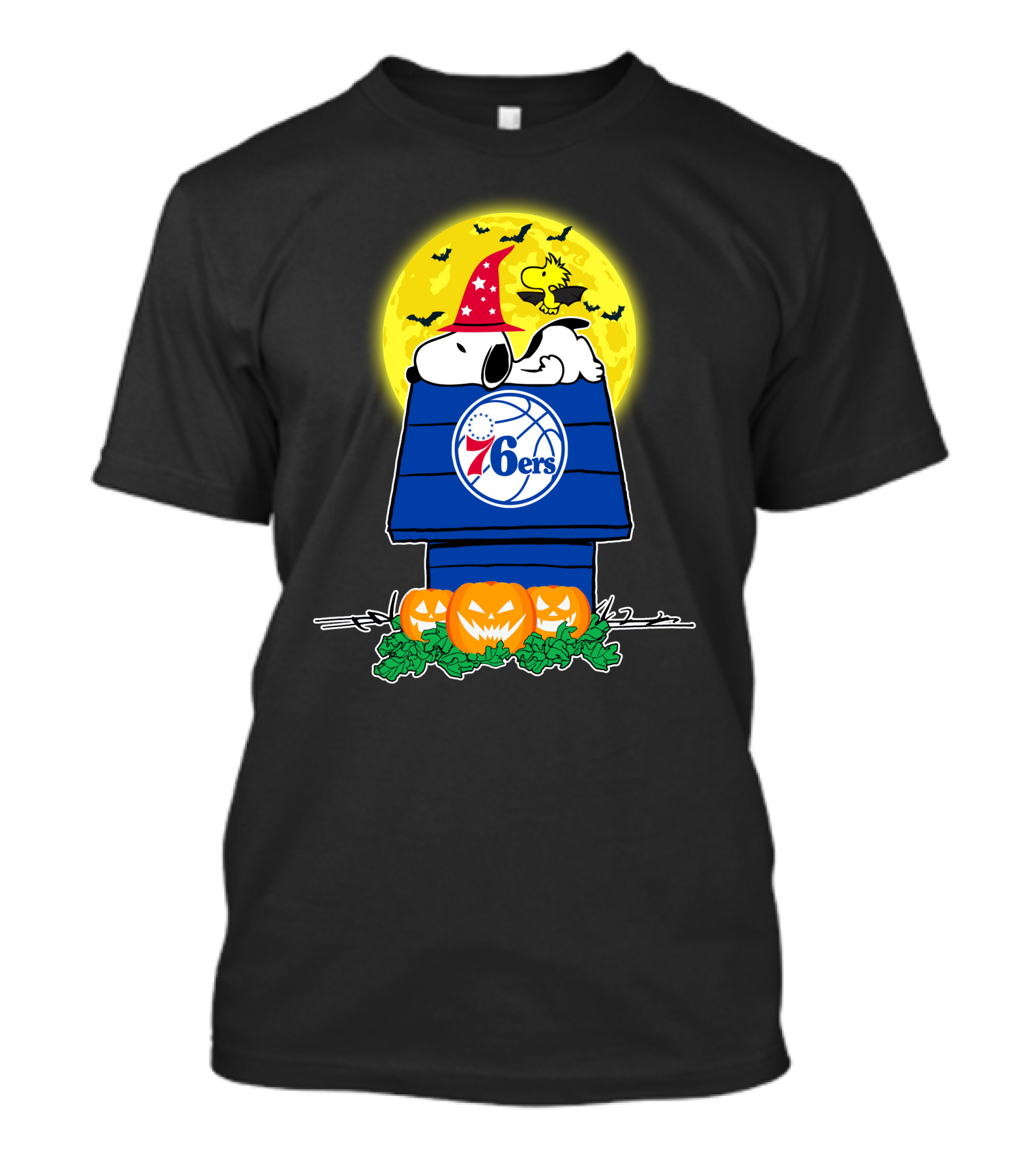 Philadelphia 76ers Snoopy Halloween Moon Pumpkins Bats Woodstock T-Shirt