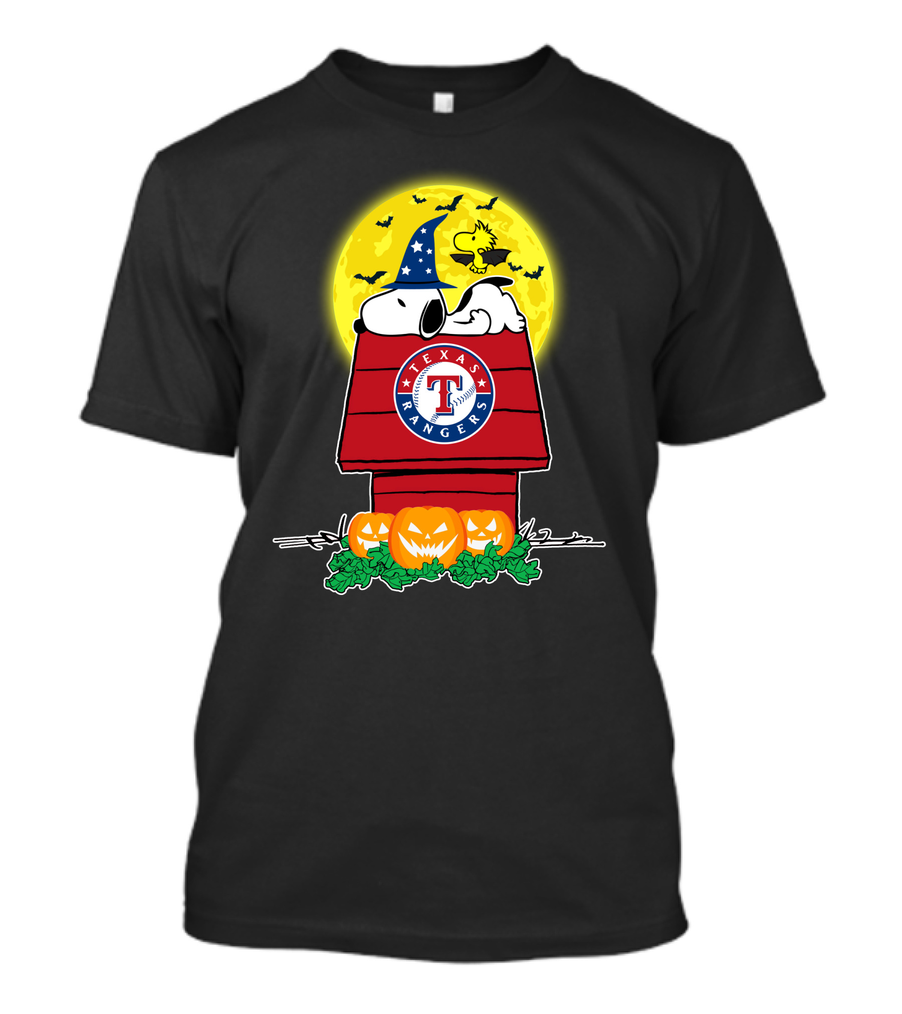 Texas Rangers Snoopy Woodstock Halloween Moon Pumpkins T-Shirt