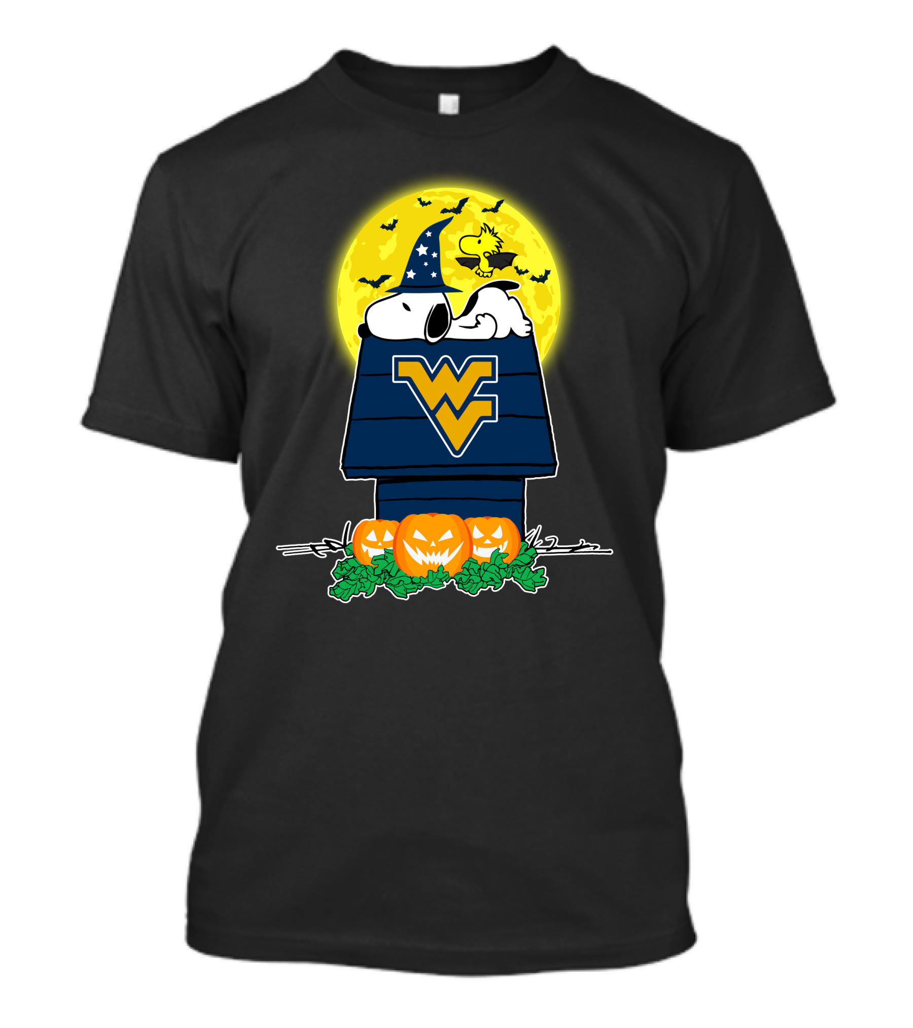 West Virginia Mountaineers Snoopy Halloween Moon Pumpkins Wizard Hat Woodstock T-Shirt