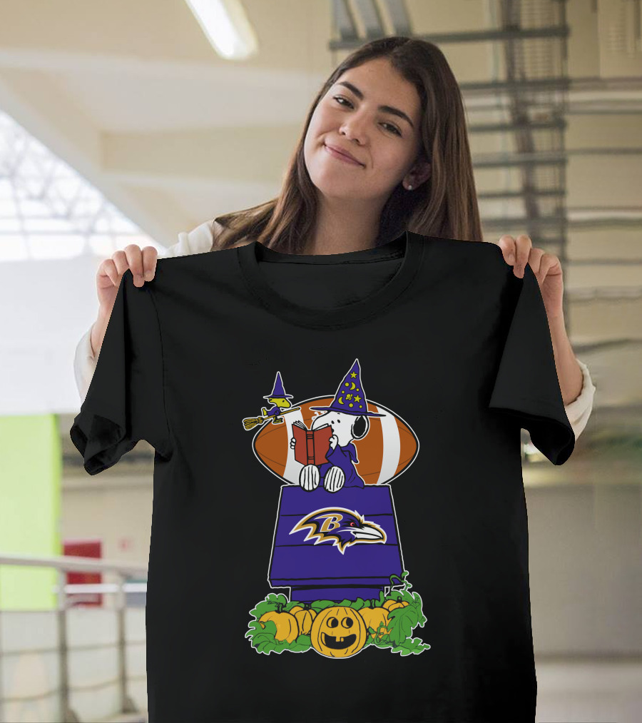 Baltimore Ravens Snoopy Halloween Witch Woodstock Pumpkin Football House T-Shirt
