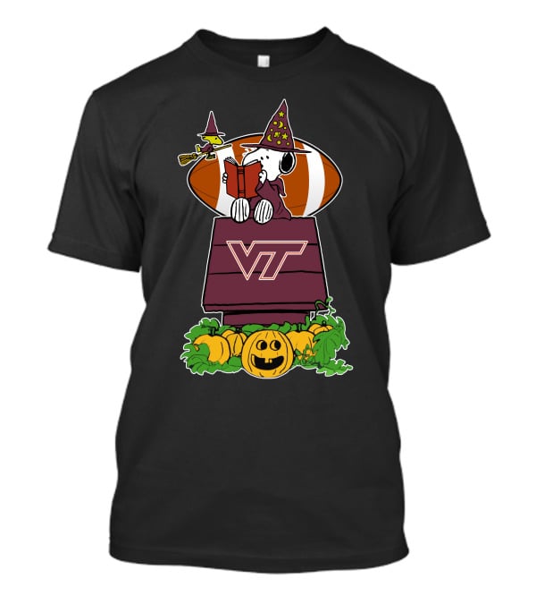 Virginia Tech Hokies Snoopy Halloween Witch Woodstock Football Pumpkin House T-Shirt