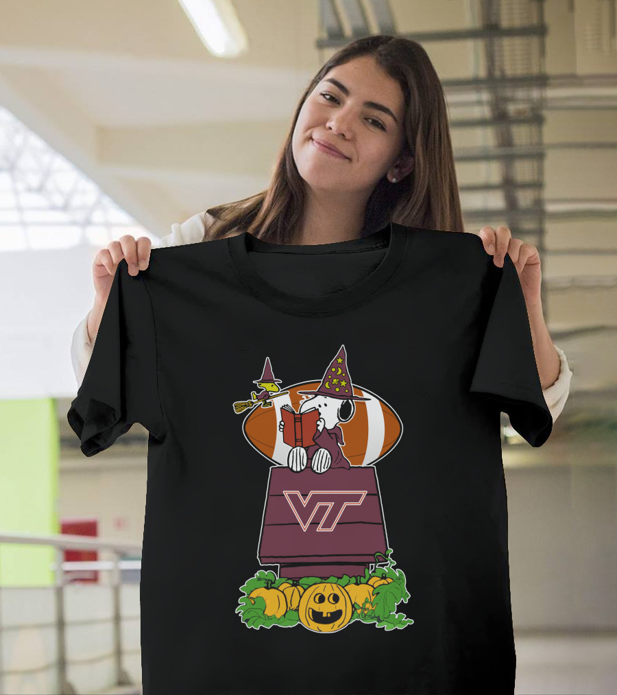 Virginia Tech Hokies Snoopy Halloween Witch Woodstock Football Pumpkin House T-Shirt