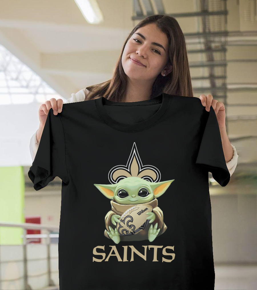 New Orleans Saints Baby Yoda Wilson Football Fleur-De-Lis T-Shirt
