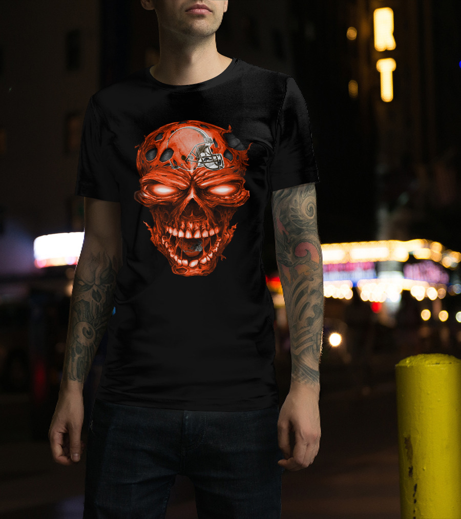 Cleveland Browns Helmet On Fiery Red Skull T-Shirt