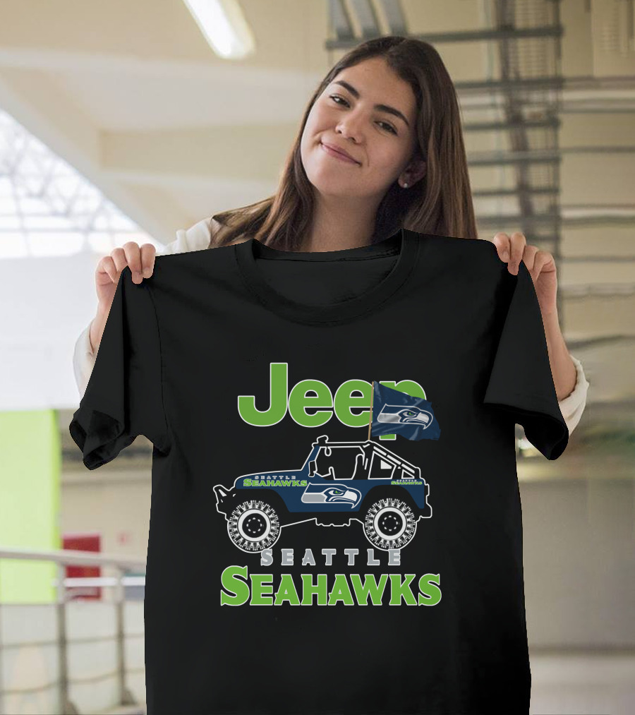 Jeep Seattle Seahawks Team Logo With Flag And Off-Road Vehicle T-Shirt
