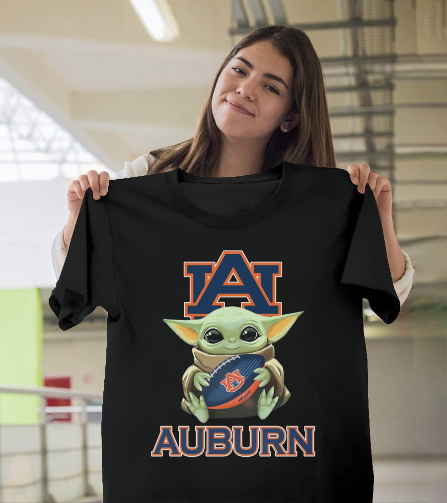 Auburn Tigers Baby Yoda Holding Football With Auburn T-Shirt