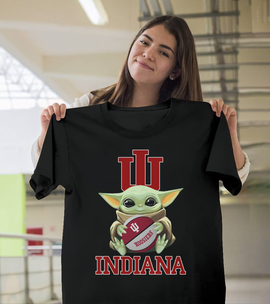 Indiana Hoosiers Baby Yoda With Iu Logo And Football T-Shirt