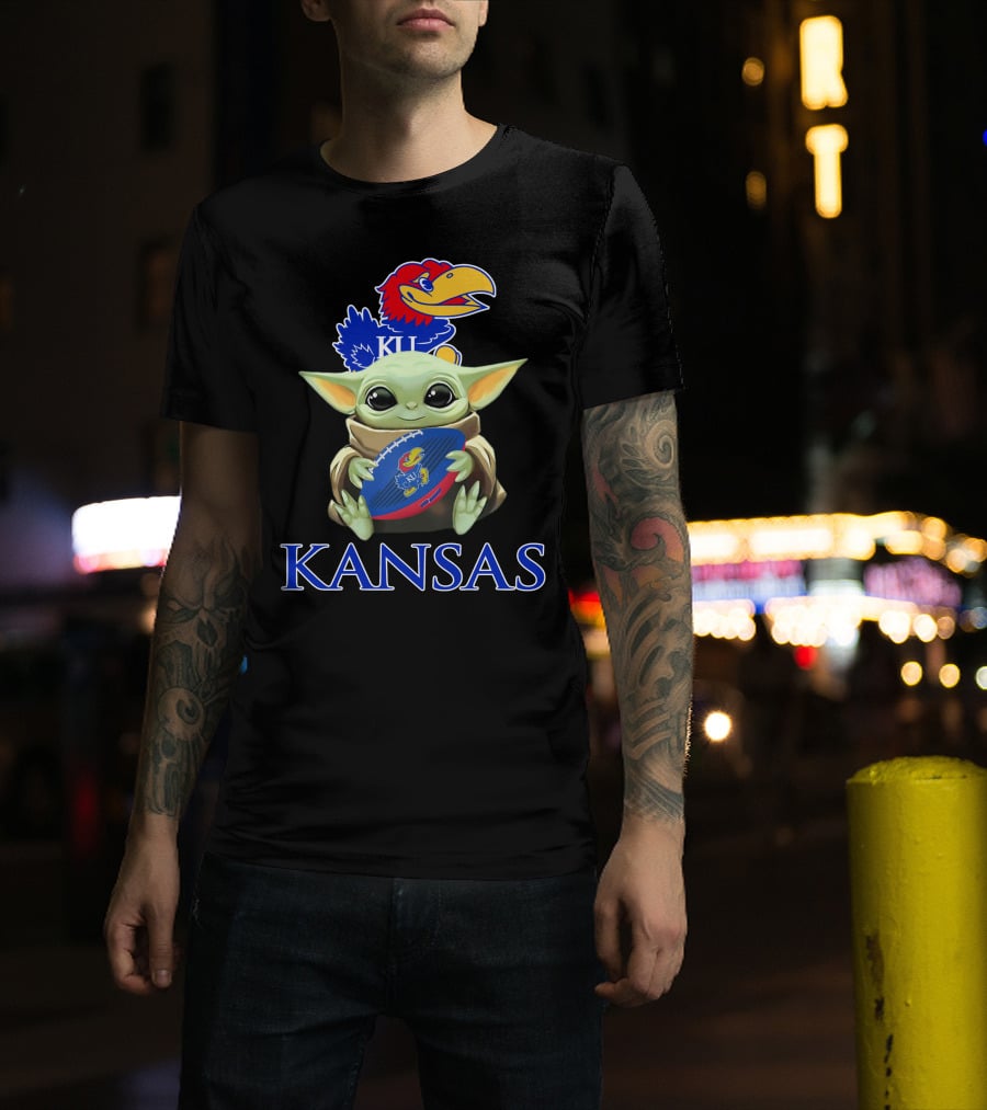 Kansas Jayhawks Baby Yoda Football Holding Ku T-Shirt
