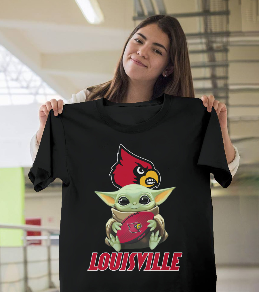 Louisville Cardinals Baby Yoda Holding Football T-Shirt