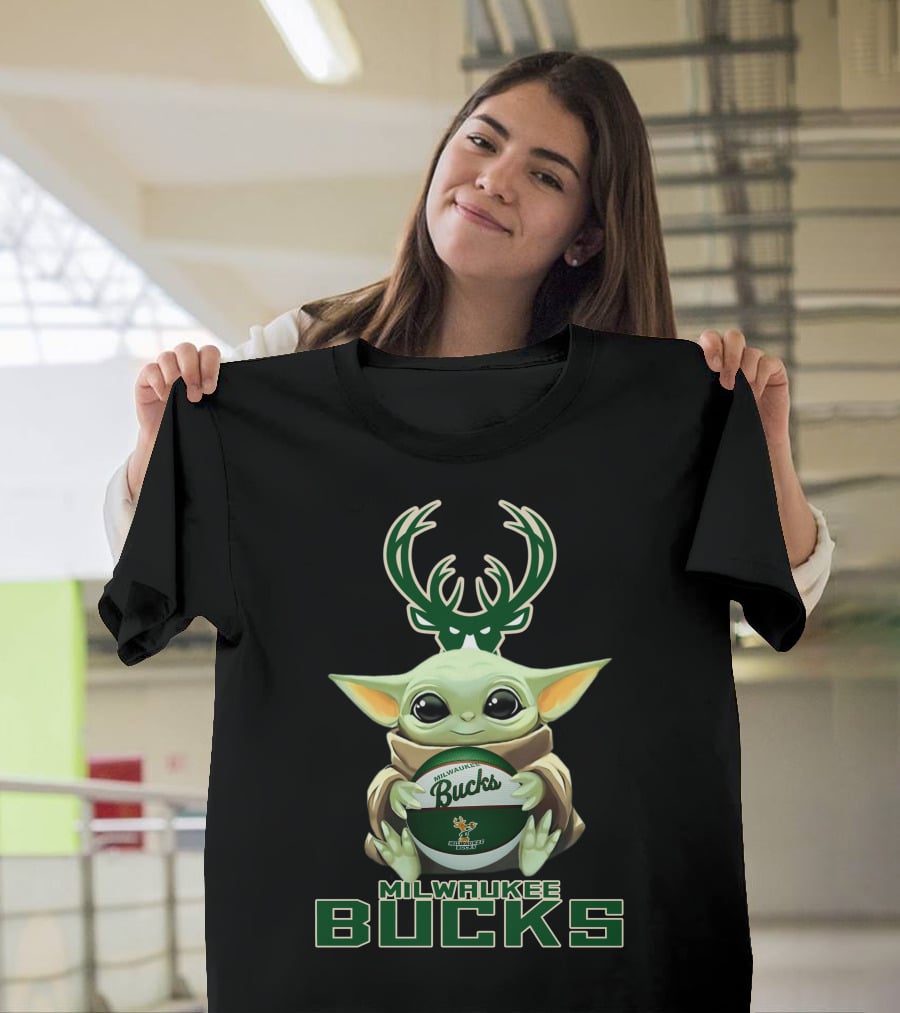 Milwaukee Bucks Baby Yoda Holding Bucks Basketball Star Wars Crossover T-Shirt
