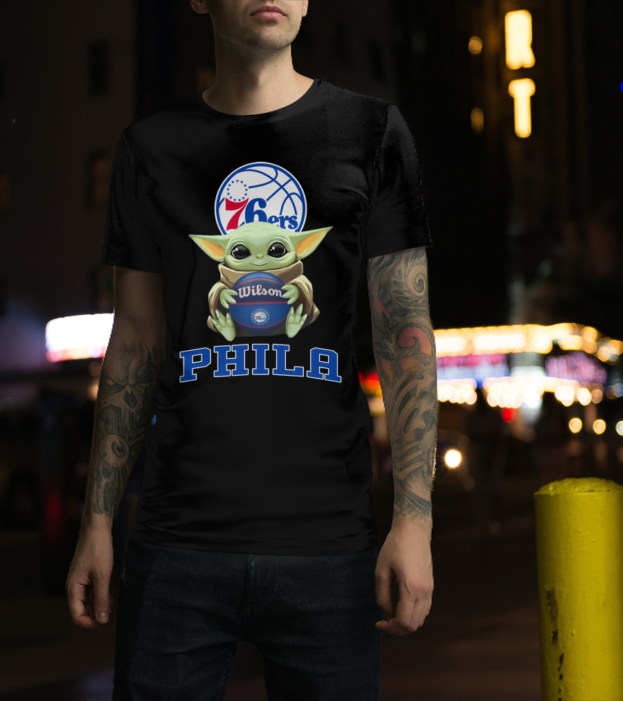 Philadelphia 76ers Baby Yoda Holding Wilson Basketball Phila T-Shirt