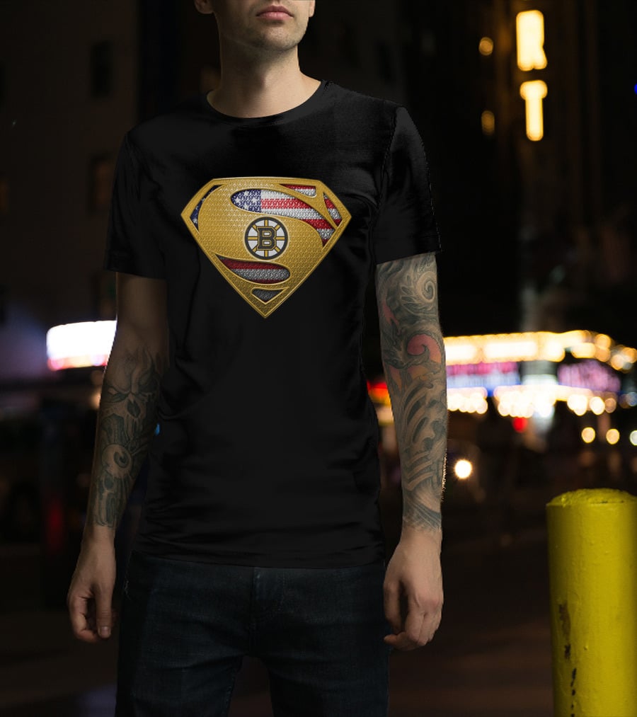 Boston Bruins Superman Shield American Flag T-Shirt