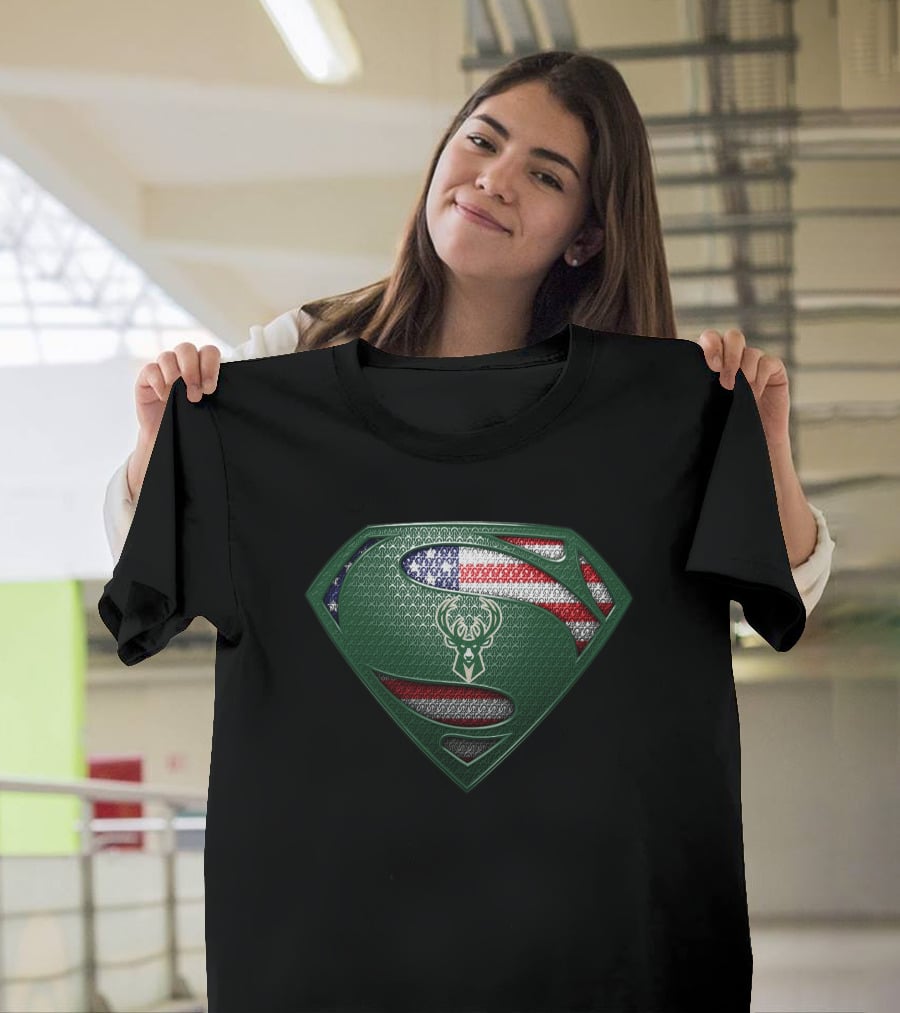 Milwaukee Bucks Superman Logo With American Flag T-Shirt