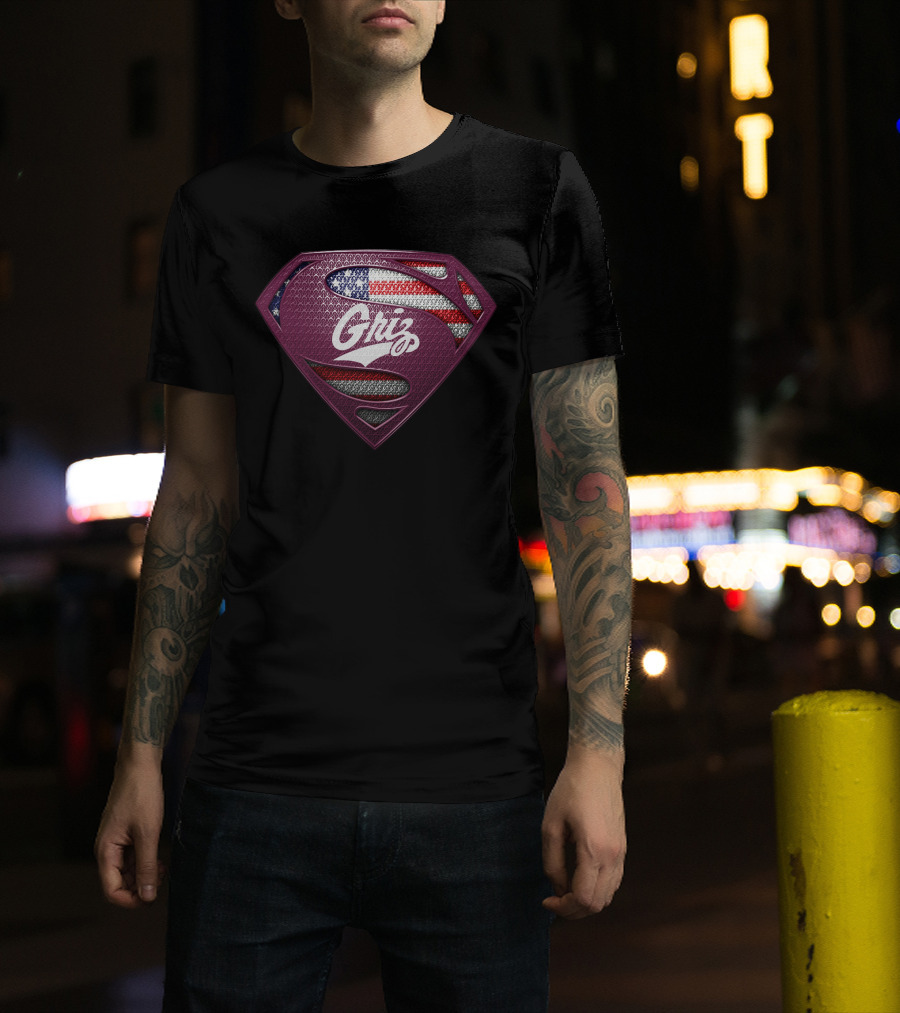 Montana Grizzlies Griz Superman Shield With American Flag T-Shirt