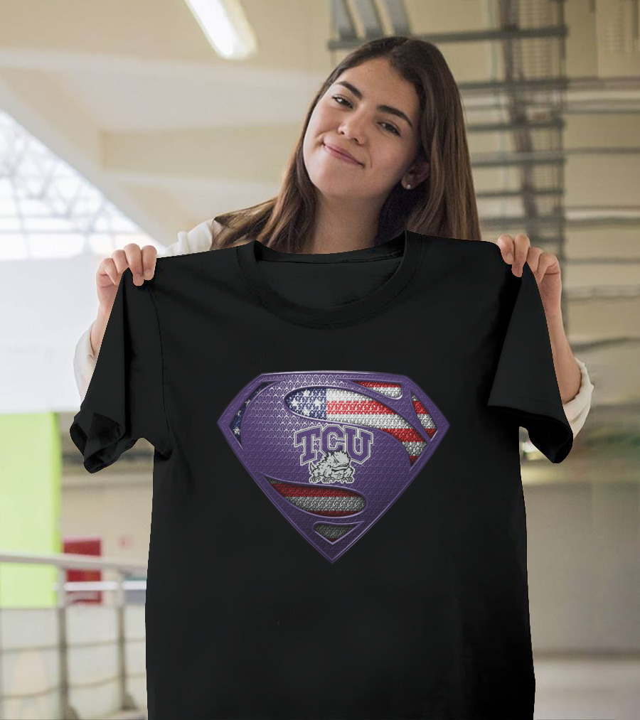 Tcu Horned Frogs Superman Logo Purple American Flag Theme T-Shirt