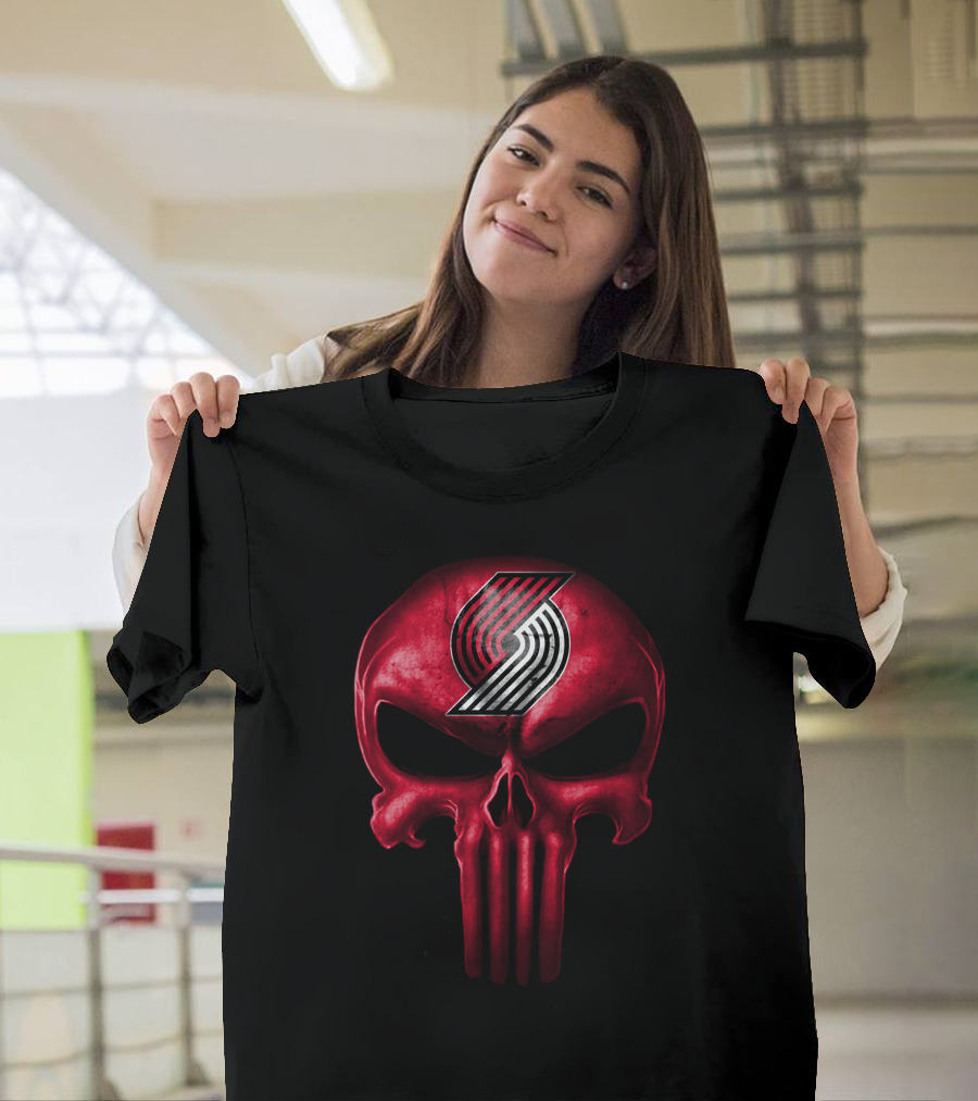 Portland Trail Blazers Skull Logo Punisher Style T-Shirt