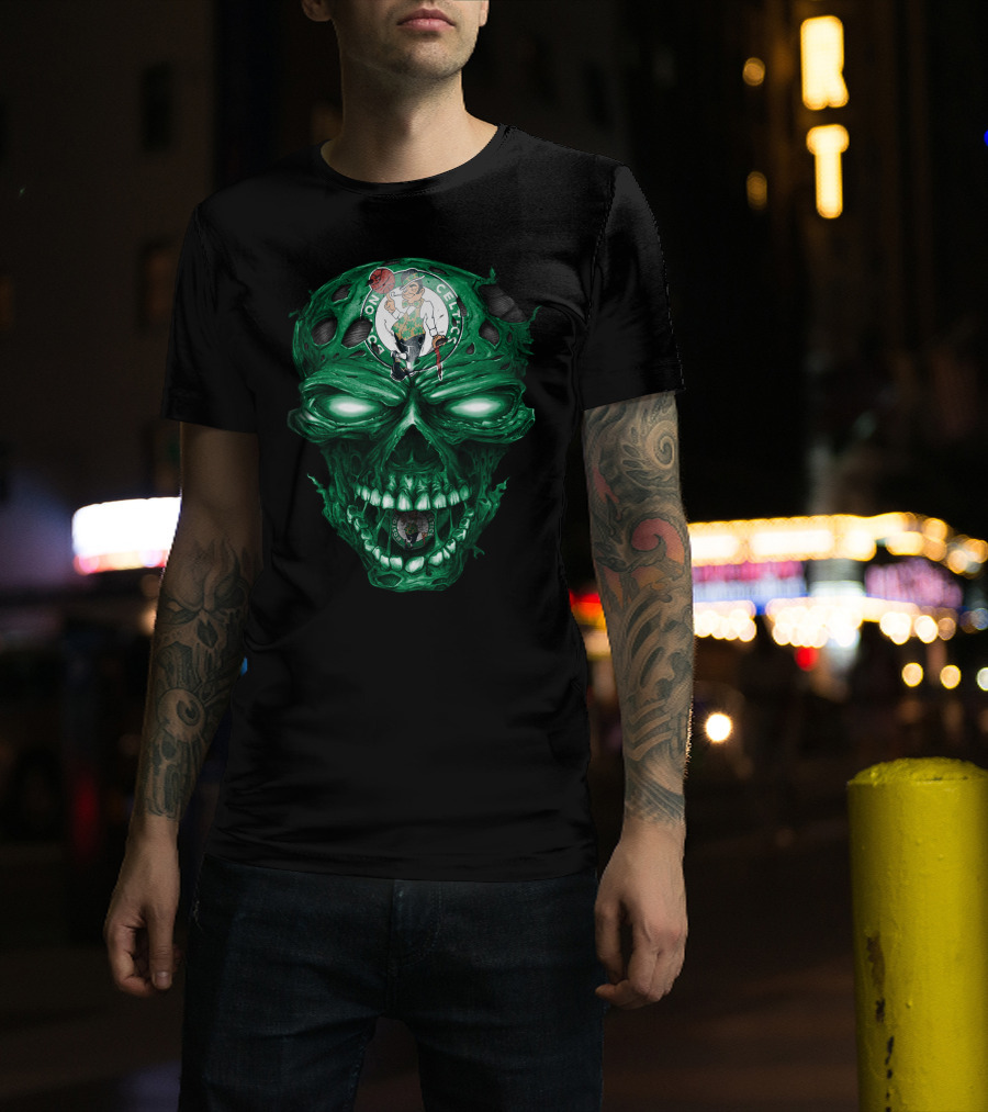 Boston Celtics Skull With Team Logo And Green Fire Eyes T-Shirt