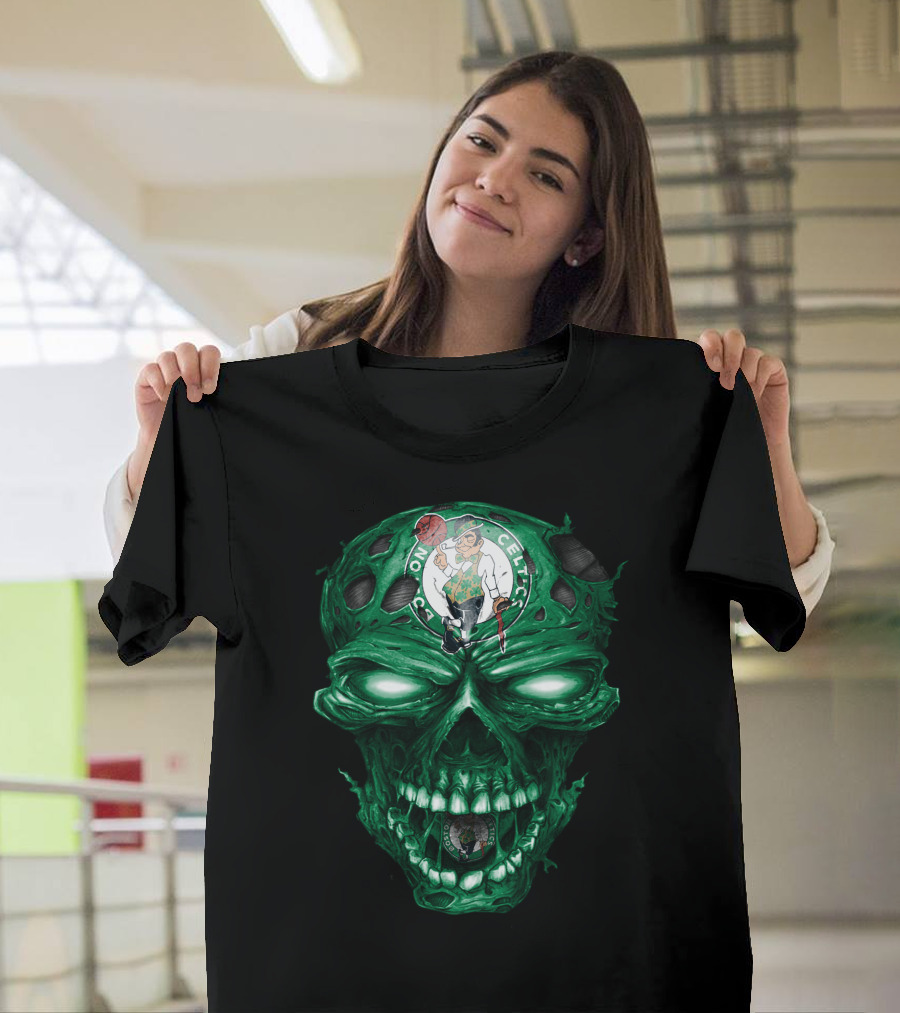 Boston Celtics Skull With Team Logo And Green Fire Eyes T-Shirt