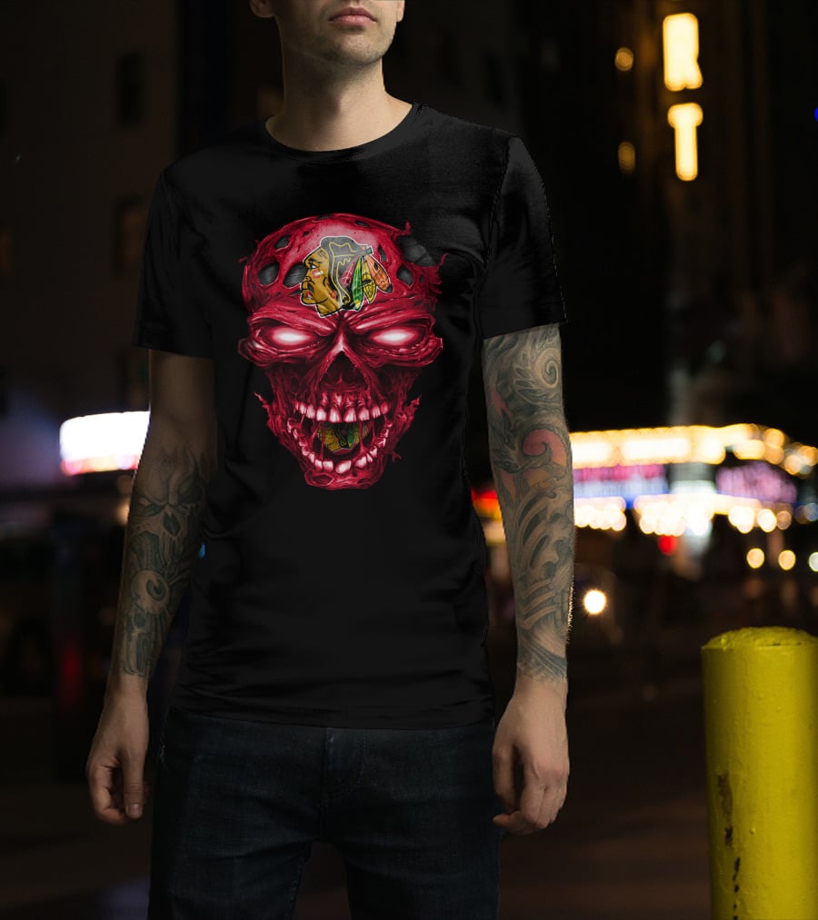 Chicago Blackhawks Skull Red Grunge Horror Style T-Shirt