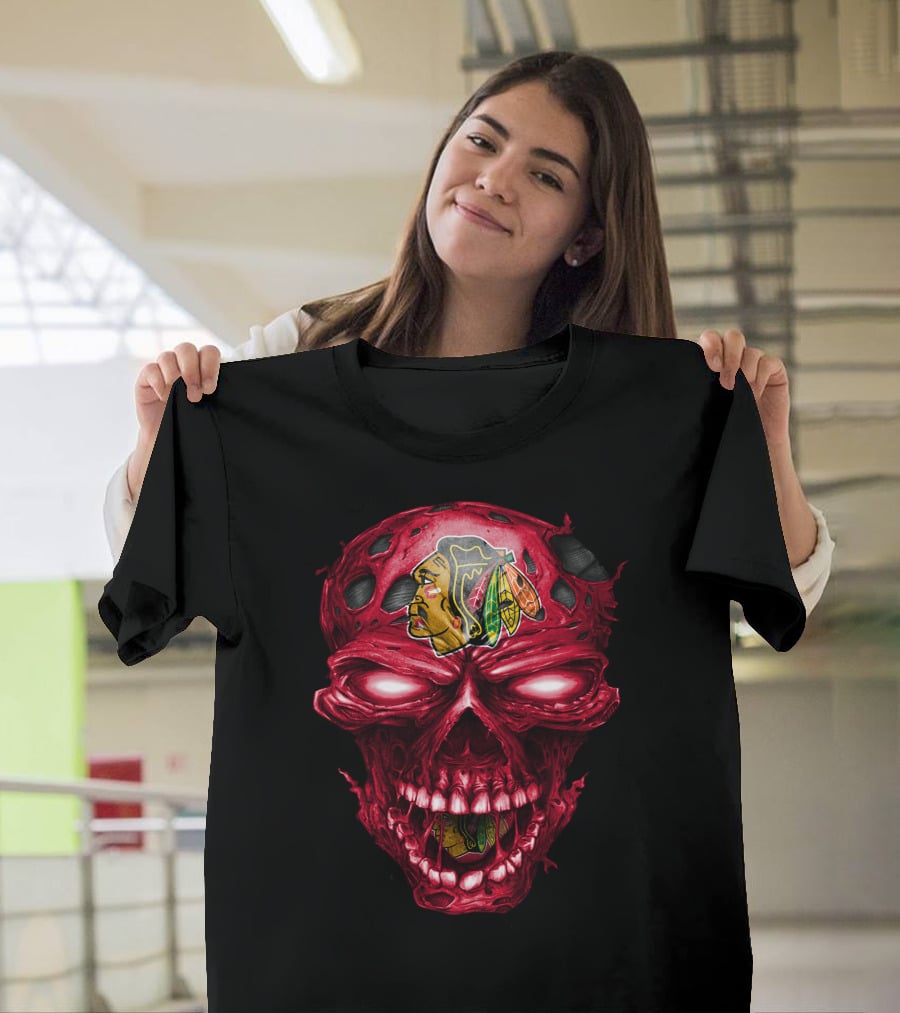 Chicago Blackhawks Skull Red Grunge Horror Style T-Shirt