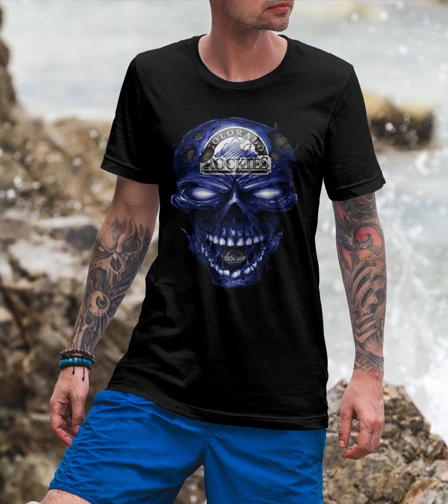 Colorado Rockies Skull Logo With Blue Fiery T-Shirt